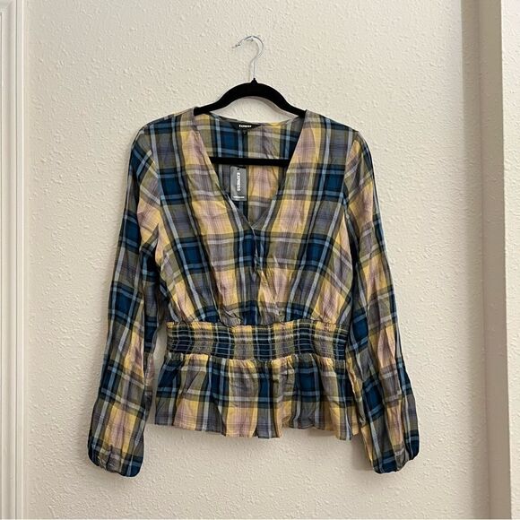 Express Plaid Surplice Peplum Top Blouse NEW Size Medium - Picture 2 of 9